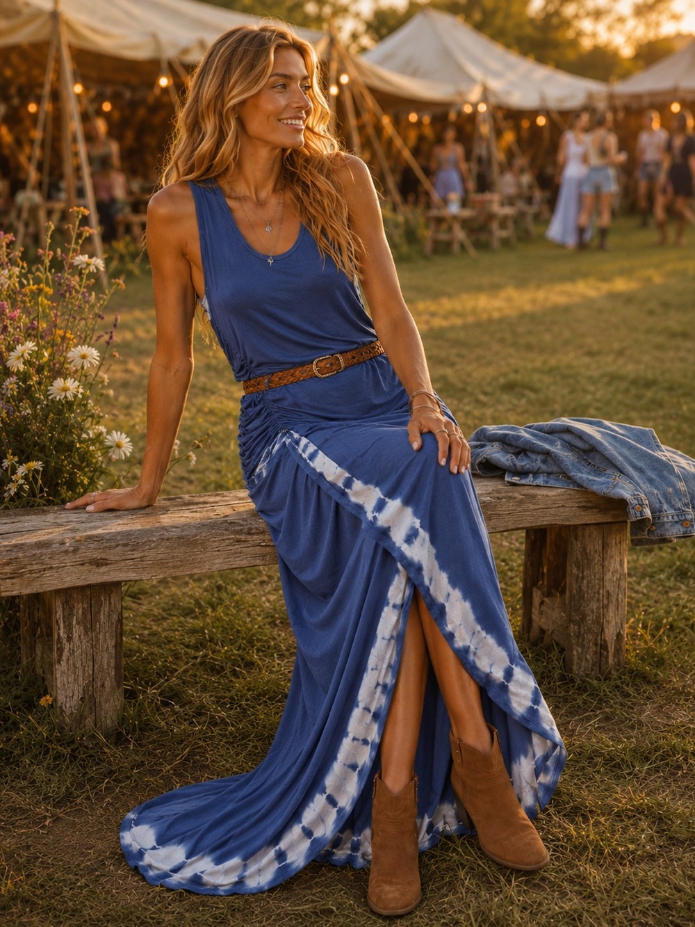 Seven7 Blue Tie Dye Ruched Tulip Front Maxi Dress Tall Girl Friendly Size L